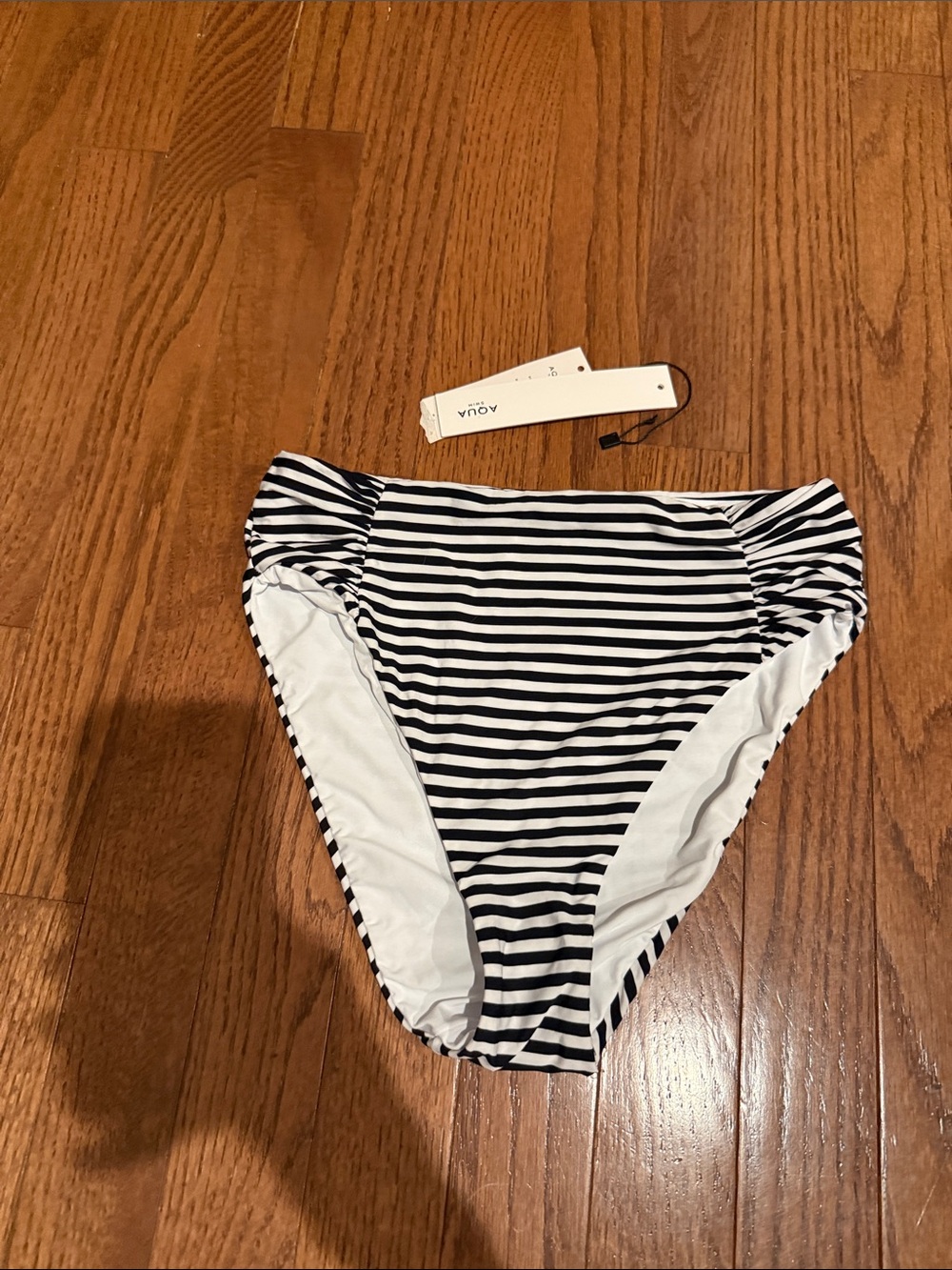 Aqua Black and White Striped High-Waist Bikini Bottoms